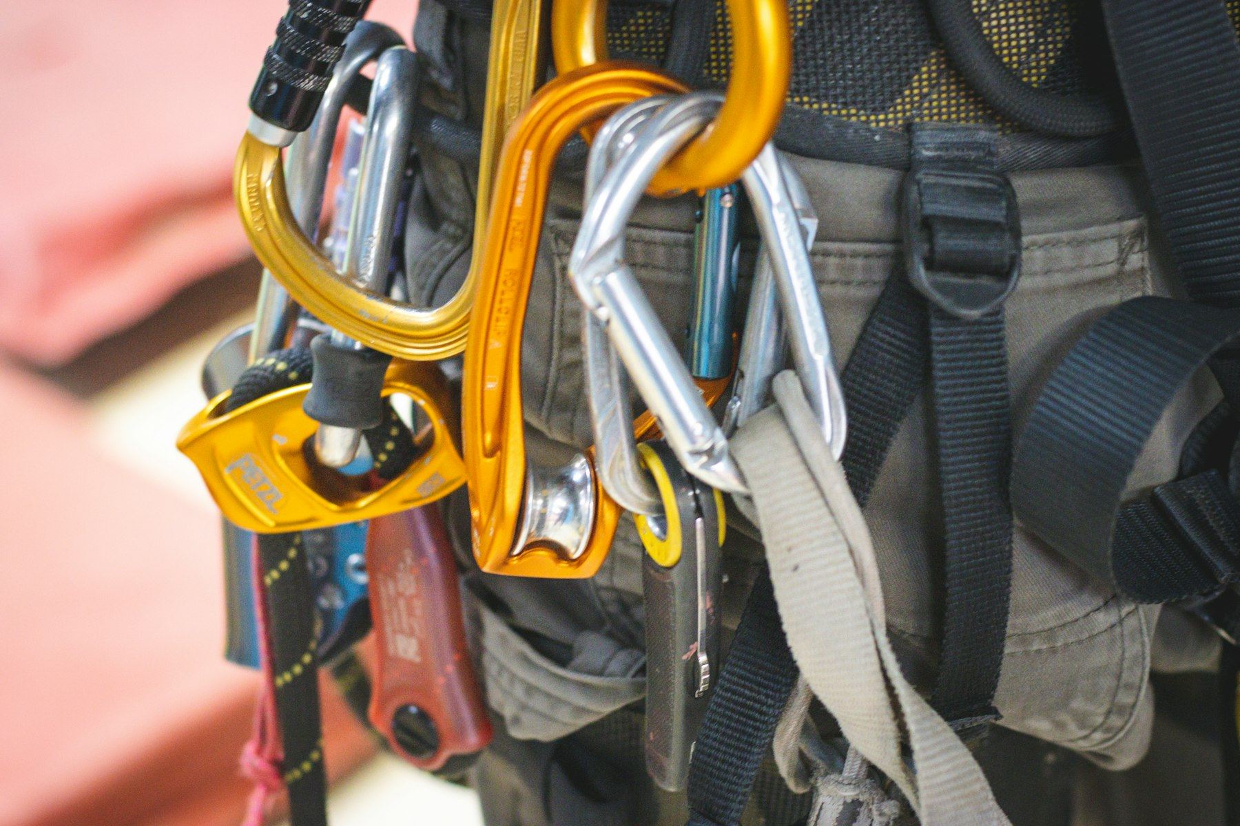 Fall-arrest harness, carabiners and connectors on a working belt